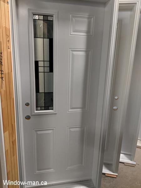 Front door ideas. Single front entry steel insulated white half narrow glass. SANTA FE Modern stained glass collection. Beveled Glass with black caming